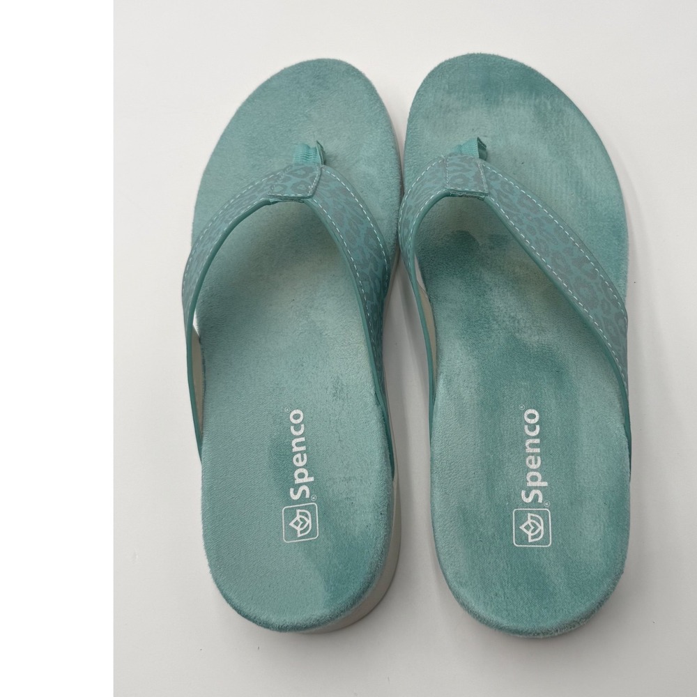 Spenco Womens Aqua Blue Leopard Print Orthotic Thong Sandals Flip Flops Size 8.5